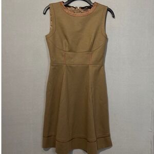 Elie Tahari Wool Blend Dress Womens Size 4 Leather Trim Fit & Flare Brown Luxury